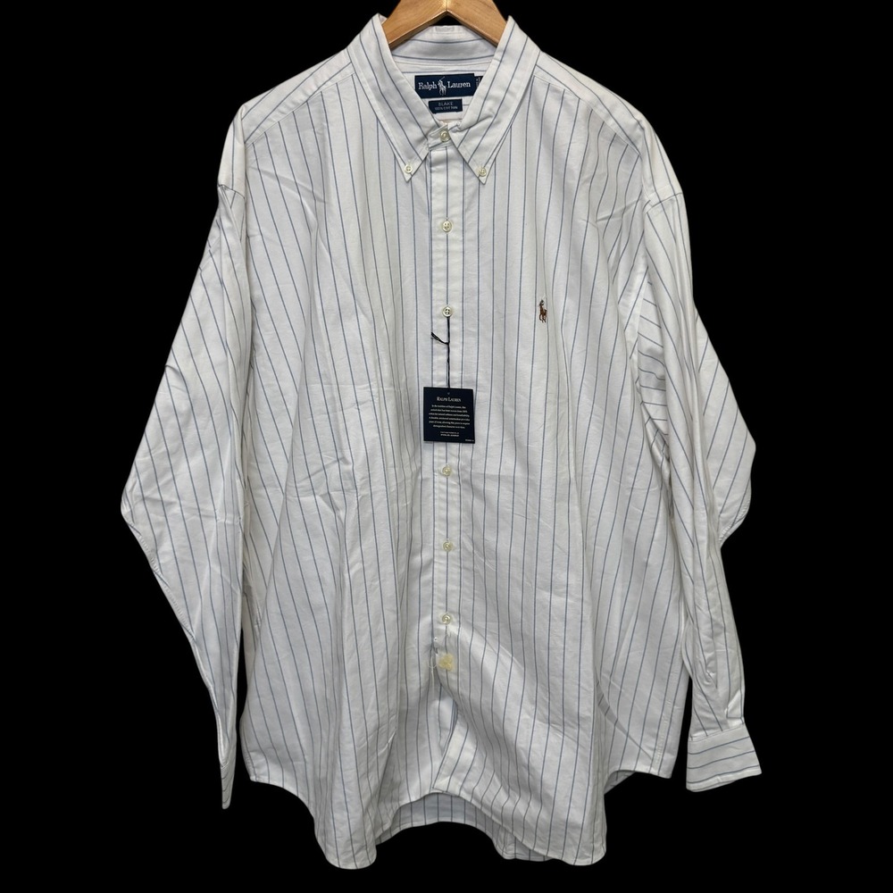 Vtg Ralph Lauren Men Blake Oxford 2XL Blue Striped Classic Fit Button Down Dress